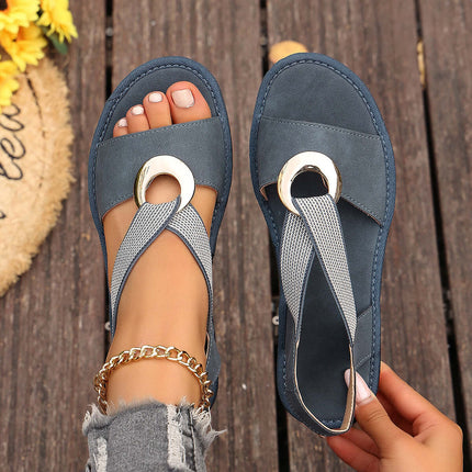 Plus Size Fish Mouth Wedge Sandals Flat Sole Elastic Strap in blue with gold accent, perfect for stylish comfort.
