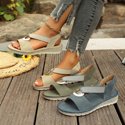 Plus Size Fish Mouth Wedge Sandals Flat Sole Elastic Strap in beige, green, and blue colors displayed on wooden surface.