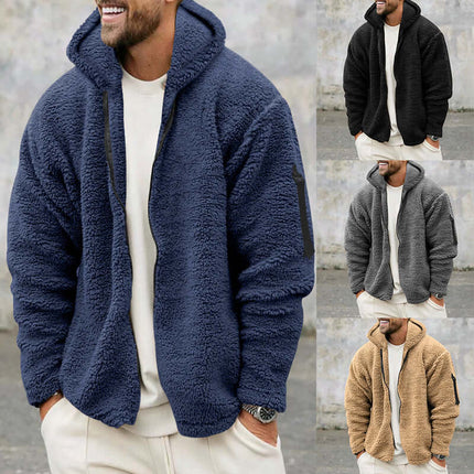 Plush Hooded Jacket Mens Autumn Winter Fleece Warm Coat dual size chart.