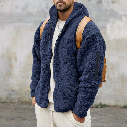 Plush Hooded Jacket Mens Autumn Winter Fleece Warm Coat loose casual fit.