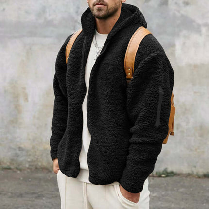 Plush Hooded Jacket Mens Autumn Winter Fleece Warm Coat black cm inch.