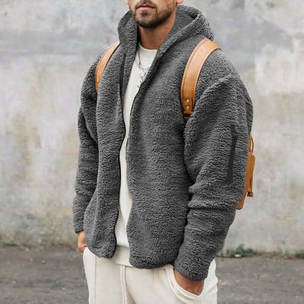 Plush Hooded Jacket Mens Autumn Winter Fleece Warm Coat dark gray cm inch.