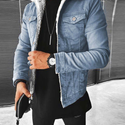 Plush Thickened Denim Mens Jacket Warm Padded Casual Style+ back