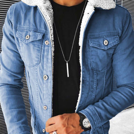 Plush Thickened Denim Mens Jacket Warm Padded Casual Style+ full view