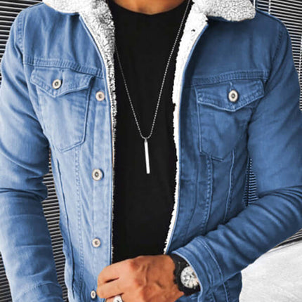 Plush Thickened Denim Mens Jacket Warm Padded Casual Style+ plush lining