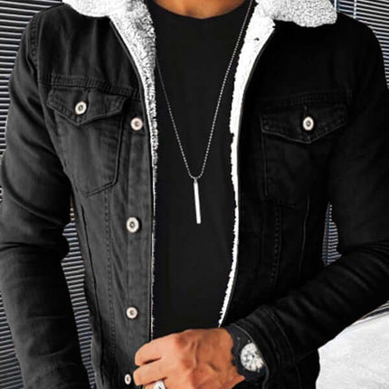 Plush Thickened Denim Mens Jacket Warm Padded Casual Style+ model front