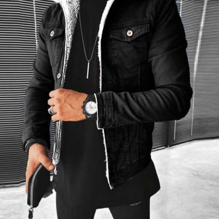Plush Thickened Denim Mens Jacket Warm Padded Casual Style+ model pose