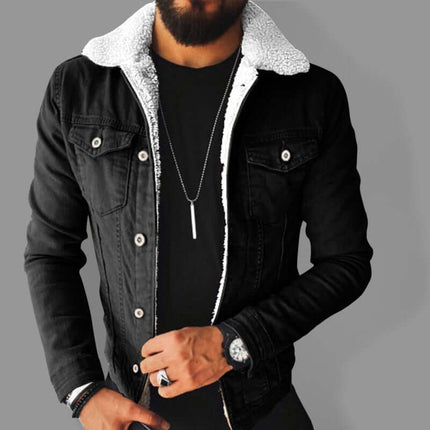 Plush Thickened Denim Mens Jacket Warm Padded Casual Style+ side view