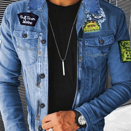 Plush Thickened Denim Mens Jacket Warm Padded Casual Style+ sleeve detail
