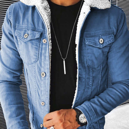 Plush Thickened Denim Mens Jacket Warm Padded Casual Style+ denim texture
