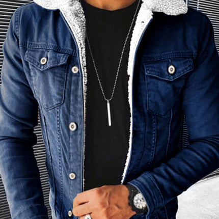 Plush Thickened Denim Mens Jacket Warm Padded Casual Style+ warm fit