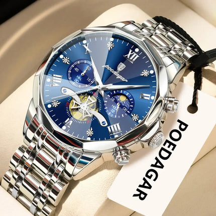 POEDAGAR Luxury Waterproof Chronograph Watch for Men stainless steel case