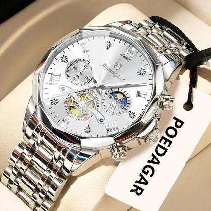 POEDAGAR Luxury Waterproof Chronograph Watch for Men metal bracelet detail
