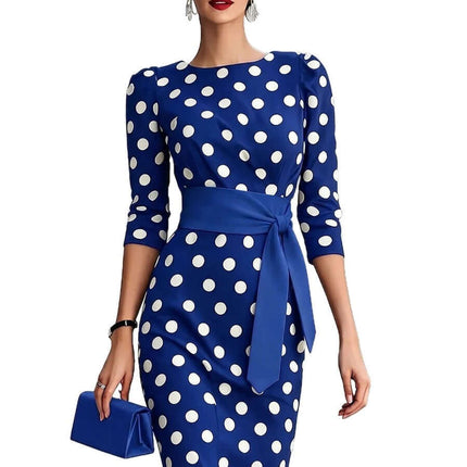 Polka Dot Belted Midi Pencil Dress For Women in blue with white polka dots and a bow tie.