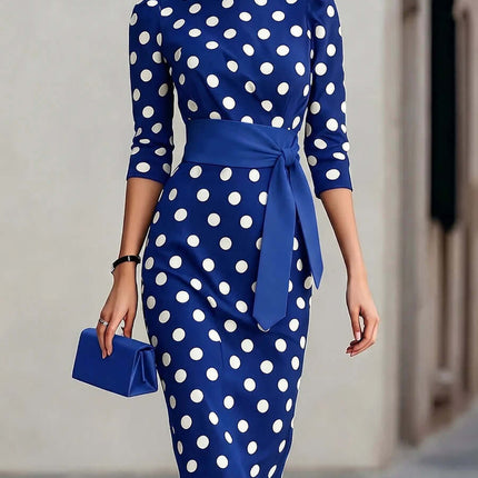 Polka Dot Belted Midi Pencil Dress For Women, featuring blue color and white polka dots, styled with a matching belt.
