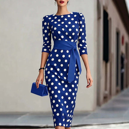 Polka Dot Belted Midi Pencil Dress For Women in blue with white polka dots and a matching belt.
