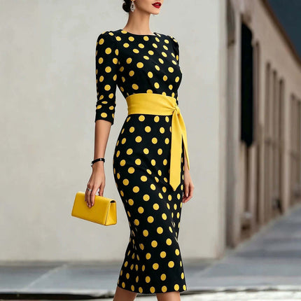 Polka Dot Belted Midi Pencil Dress For Women in black and yellow with a stylish belt and handbag.