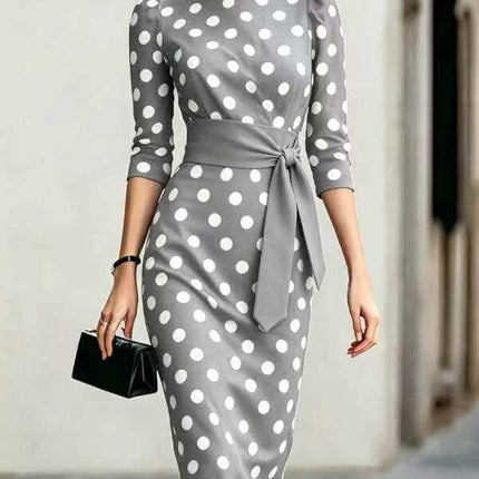 Polka Dot Belted Midi Pencil Dress For Women with a fitted design and classic polka dot pattern in gray.