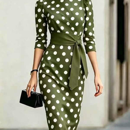 Polka Dot Belted Midi Pencil Dress For Women in green with white polka dots, featuring a tie waist and three-quarter sleeves.