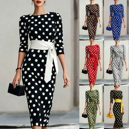 Polka Dot Belted Midi Pencil Dress For Women showcased in multiple colors