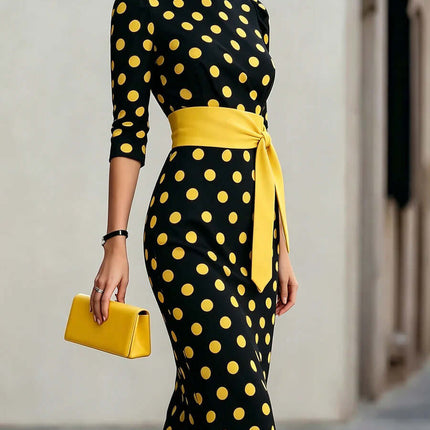 Polka Dot Belted Midi Pencil Dress For Women featuring yellow polka dots and a matching belt for a stylish look.