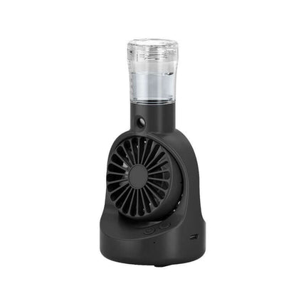 Portable Handheld Spray Fan 4 Speed Water Spray Mist Fan in black with water reservoir and adjustable fan speed.