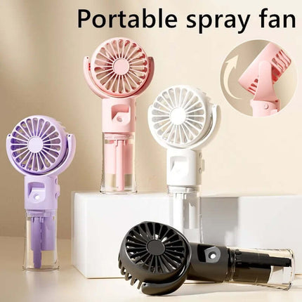 Portable Handheld Spray Fan 4 Speed Water Spray Mist Fan in various colors including purple, pink, white, and black.
