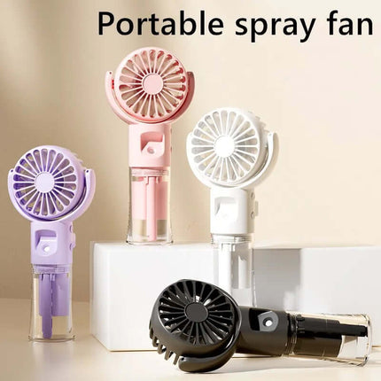 Portable Handheld Spray Fan 4 Speed Water Spray Mist Fan in various colors including purple, pink, white, and black.