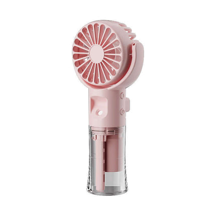 Portable Handheld Spray Fan 4 Speed Water Spray Mist Fan in pink color with a clear water reservoir.