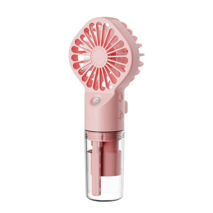 Portable Handheld Spray Fan 4 Speed Water Spray Mist Fan in pink color with water tank for misting.