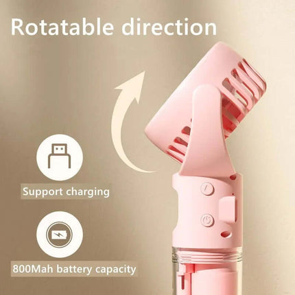 Portable Handheld Spray Fan 4 Speed Water Spray Mist Fan showing rotatable direction and 800Mah battery capacity.