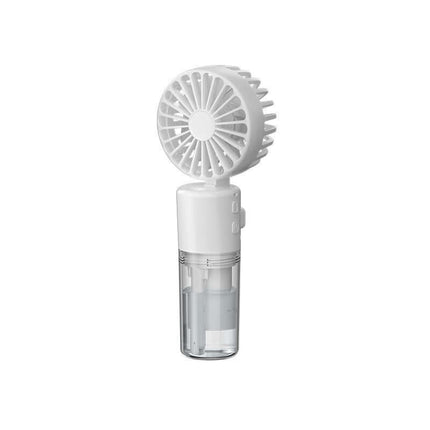 Portable Handheld Spray Fan 4 Speed Water Spray Mist Fan in white color with water reservoir and adjustable head.