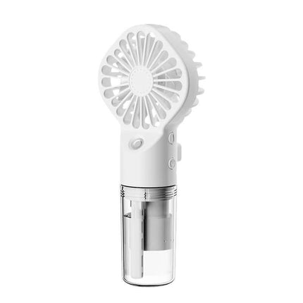 Portable Handheld Spray Fan 4 Speed Water Spray Mist Fan in white color with a transparent water reservoir.