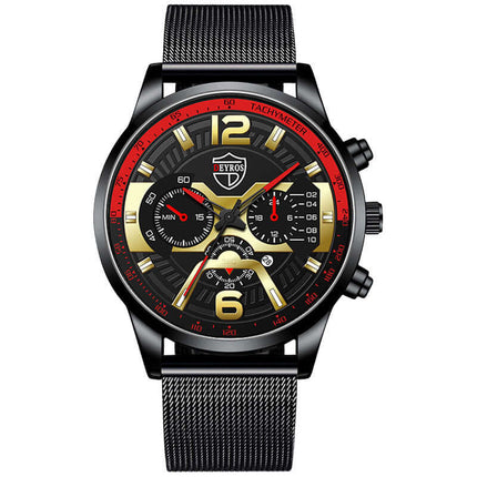 Premium Steel Calendar Quartz Watch for Men wrist wearing casual outfit