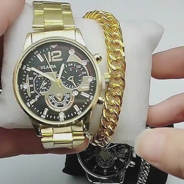 Men's Fashion Business Three-Eye Quartz Watch & Bracelet Set