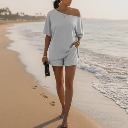 Womens 2 Piece Slant Neck Top and Shorts Casual Set