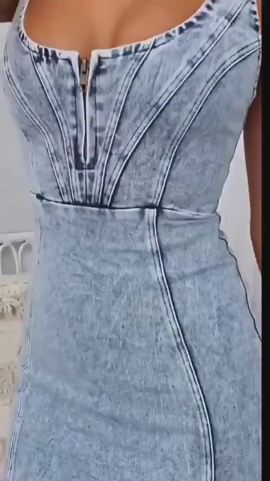 New U-neck Suspender Denim Dress Summer Casual Slim Fit