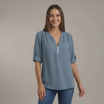Women Zip V-Neck Casual Loose Shirt Top