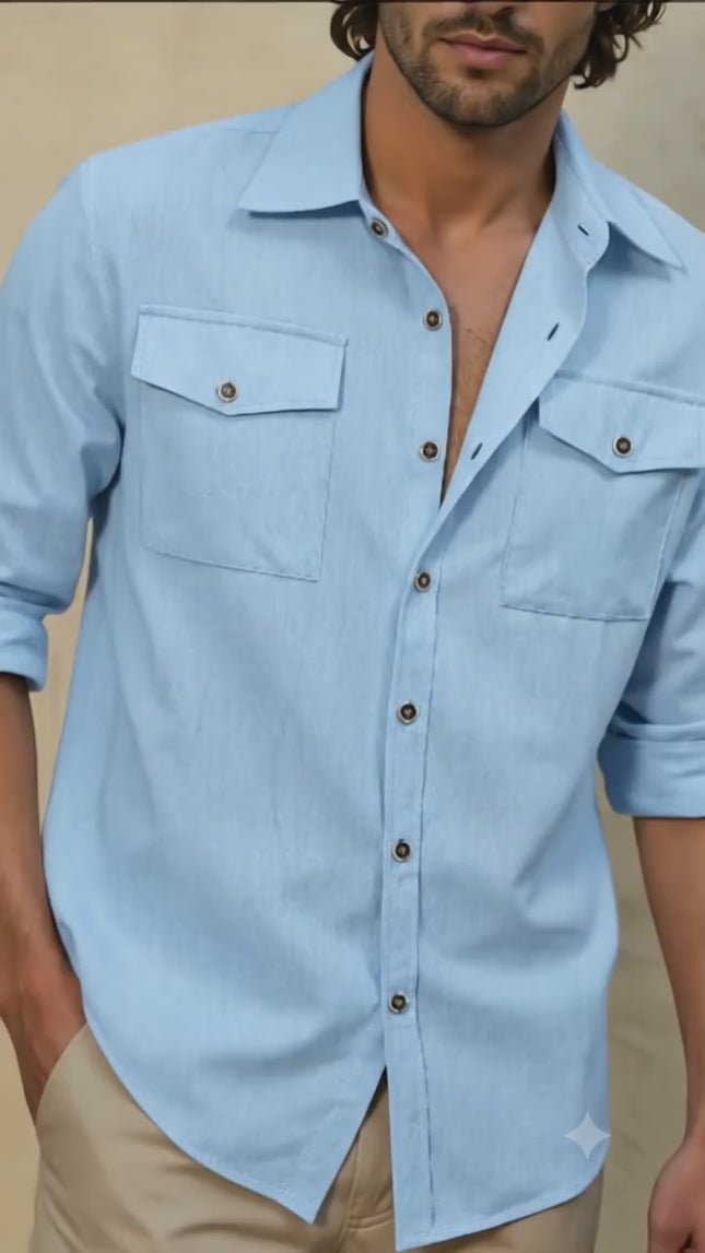Men's Relaxed Fit Long Sleeve Linen Lapel Shirt