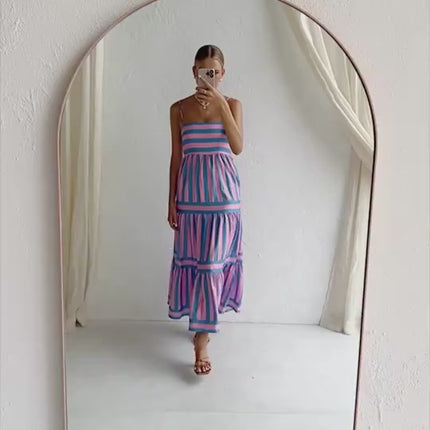 Summer Striped Suspender Long Beach Dress with Pockets