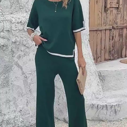 Womens Striped Knitted Suit Split Top Loose Trousers
