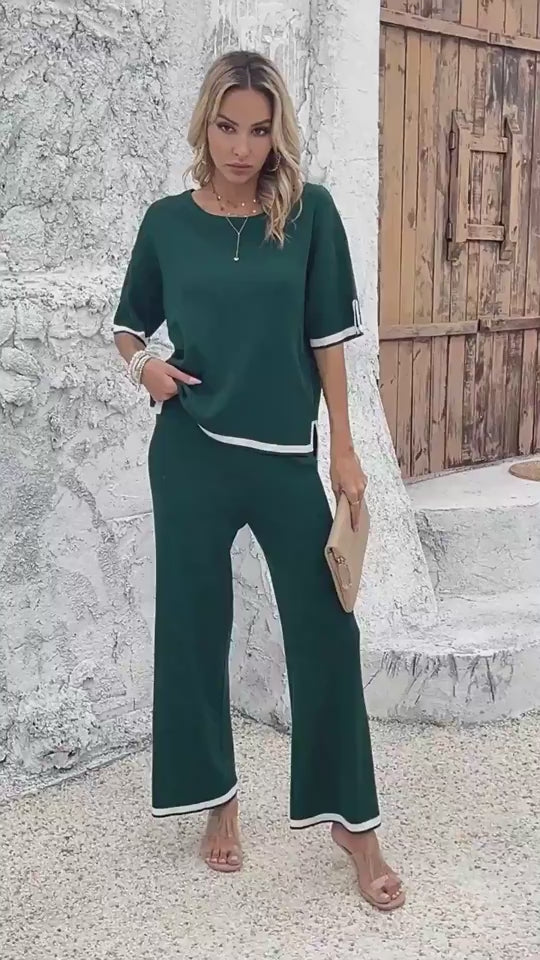 Womens Striped Knitted Suit Split Top Loose Trousers
