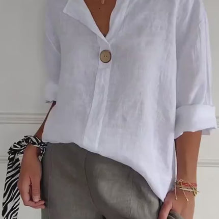 V-neck Long-sleeved Fashion Cotton Linen Button Top