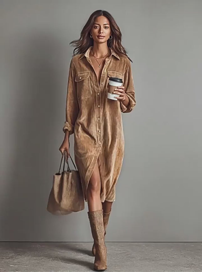 Turn Down Collar Buttons Dress Women Chic Casual Long Sleeve