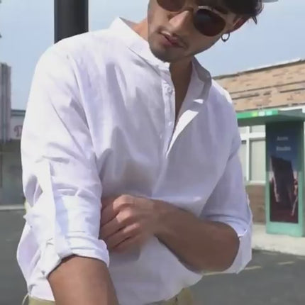 Mens Casual Long Sleeve Cotton Linen Stand Collar Shirt