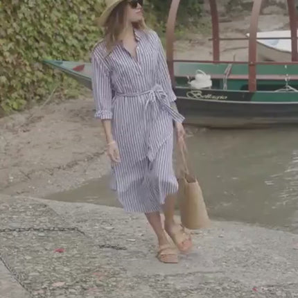 Striped Half-Sleeve Belted Lapel Shirt Dress