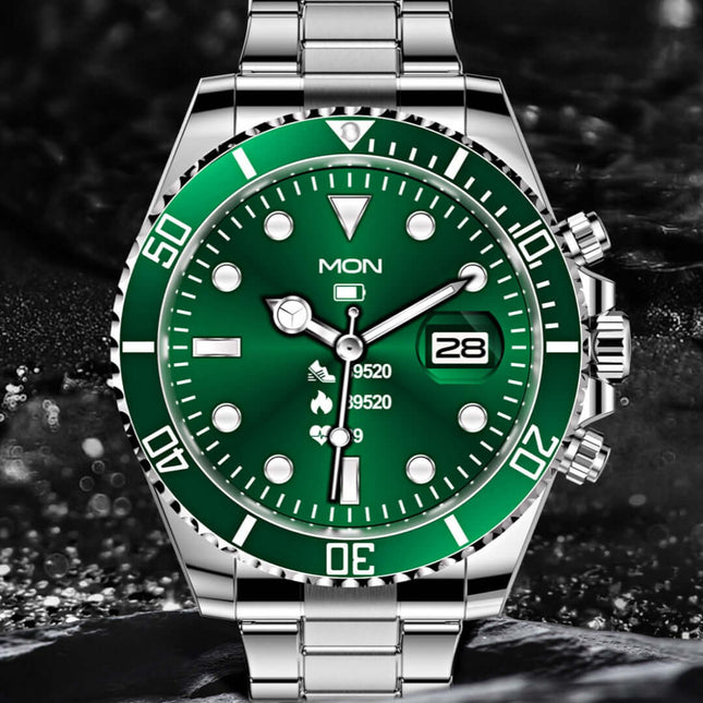 Luxury Green Water Ghost Smartwatch for Men - Stainless Steel Waterproof Fitness Tracker, Bluetooth Call & Heart Rate Monitor