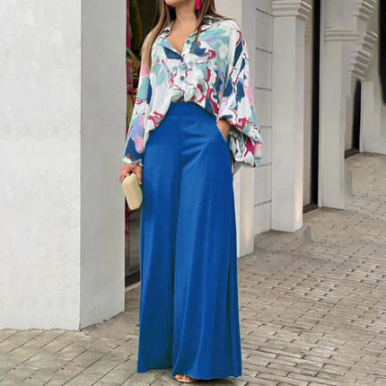Printing Temperament Commute Set Women unique design cyan non ironing clothing.