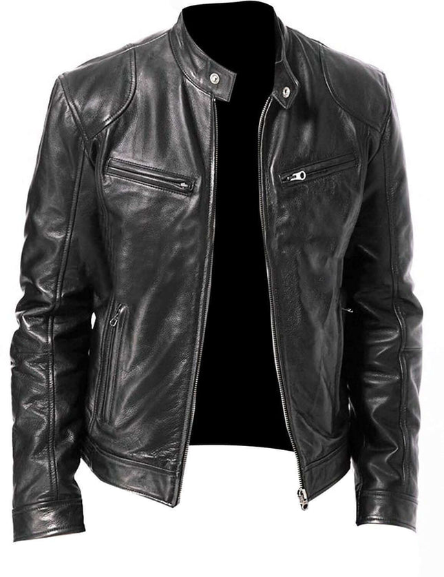 PU Leather Jacket Slim Leather Jacket Mens Business zipper placket close up view