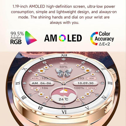 Close-up of QS22 Womens AMOLED Display Smart Sports Watch showing its vibrant AMOLED screen and design features.